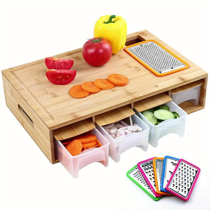 Bamboo Cutting Board with Food Container, Cheese Grater & Juice Groove - Large Wooden Chopping Board Set with Storage Box, Drain Tank for Vegetables Meat Cheese, Kitchen Prep Board with Hand Grip