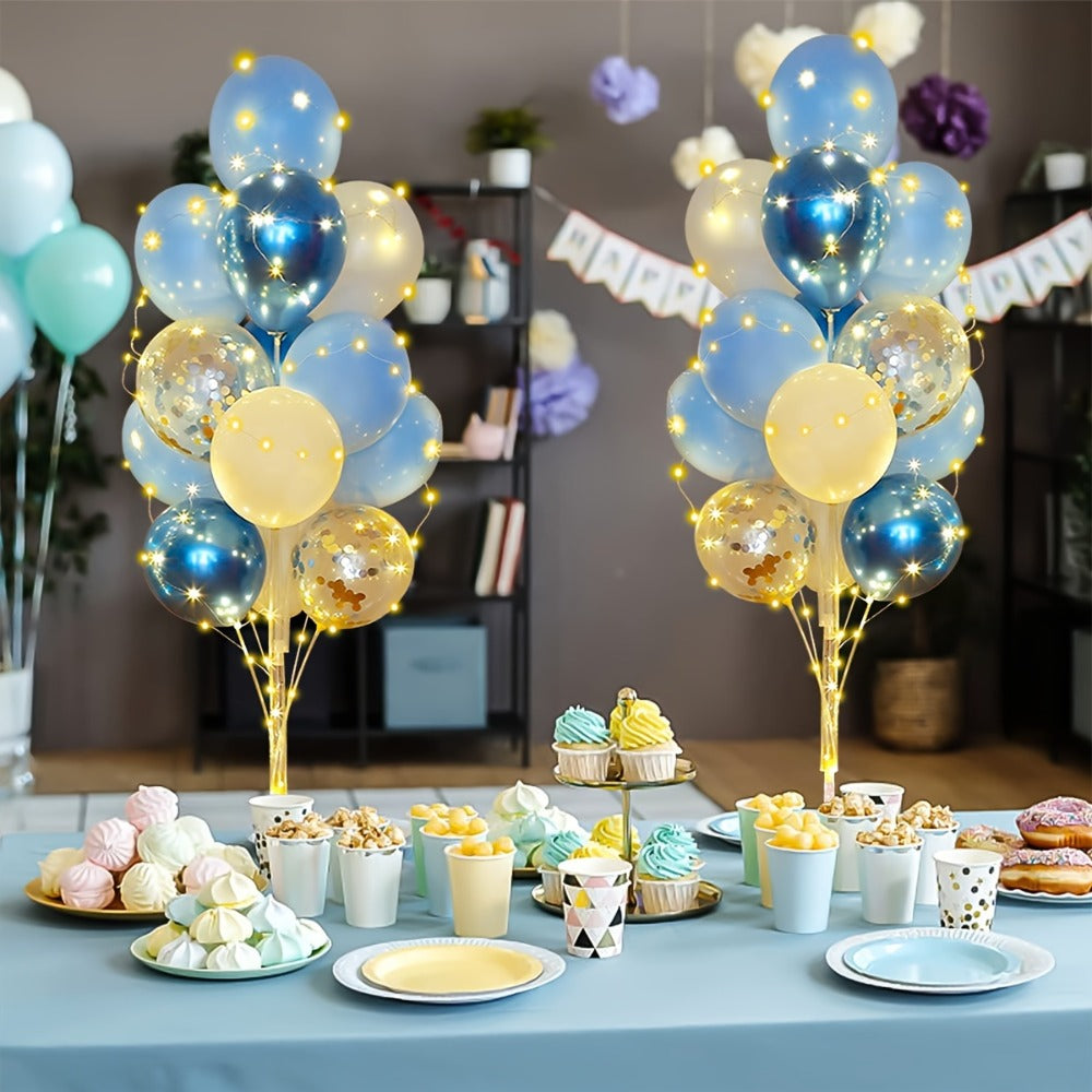 Party Decorations Two Blue Floor Balloon Holder Stands with LED String Lights and 55 or 67-Inch Heights