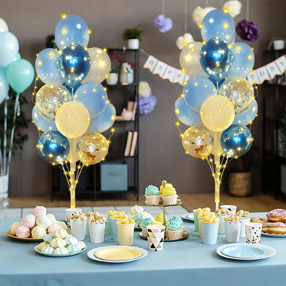 Party Decorations Two Blue Floor Balloon Holder Stands with LED String Lights and 55 or 67-Inch Heights