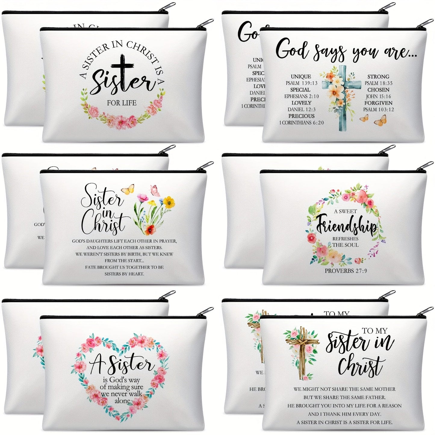 Twelve-Piece Faith-Themed Makeup Bag Set with Six Printed Designs, Mixed Colors and Black Zippers
