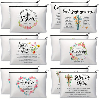 Twelve-Piece Faith-Themed Makeup Bag Set with Six Printed Designs, Mixed Colors and Black Zippers