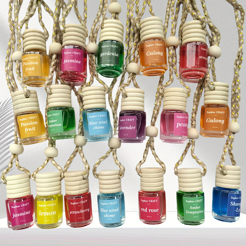 Car Air Freshener 18-Pack Hanging Diffuser Bottles with Six Random Scents and Adjustable Wood Caps