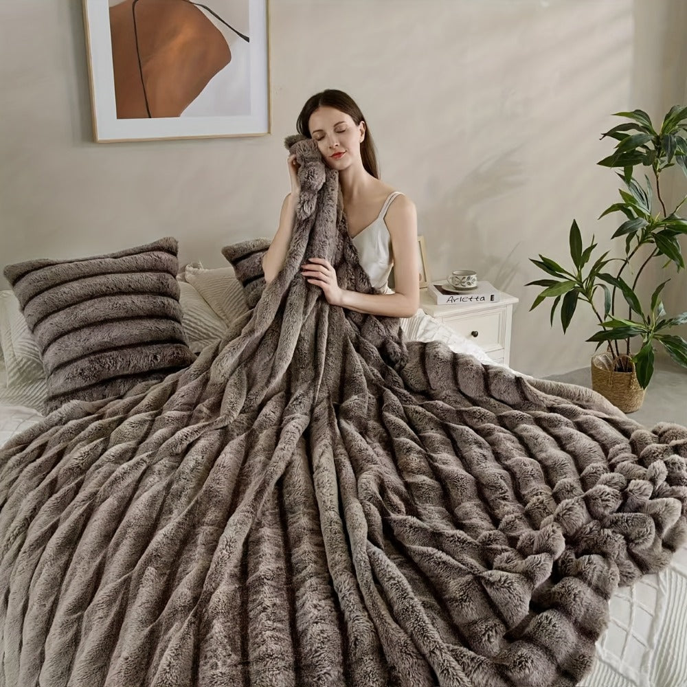 Double-Layer Faux Rabbit Fleece Blanket in Grey, Khaki or Beige with Five Sizes from Small Throw to King