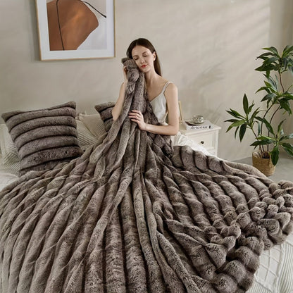 Double-Layer Faux Rabbit Fleece Blanket in Grey, Khaki or Beige with Five Sizes from Small Throw to King
