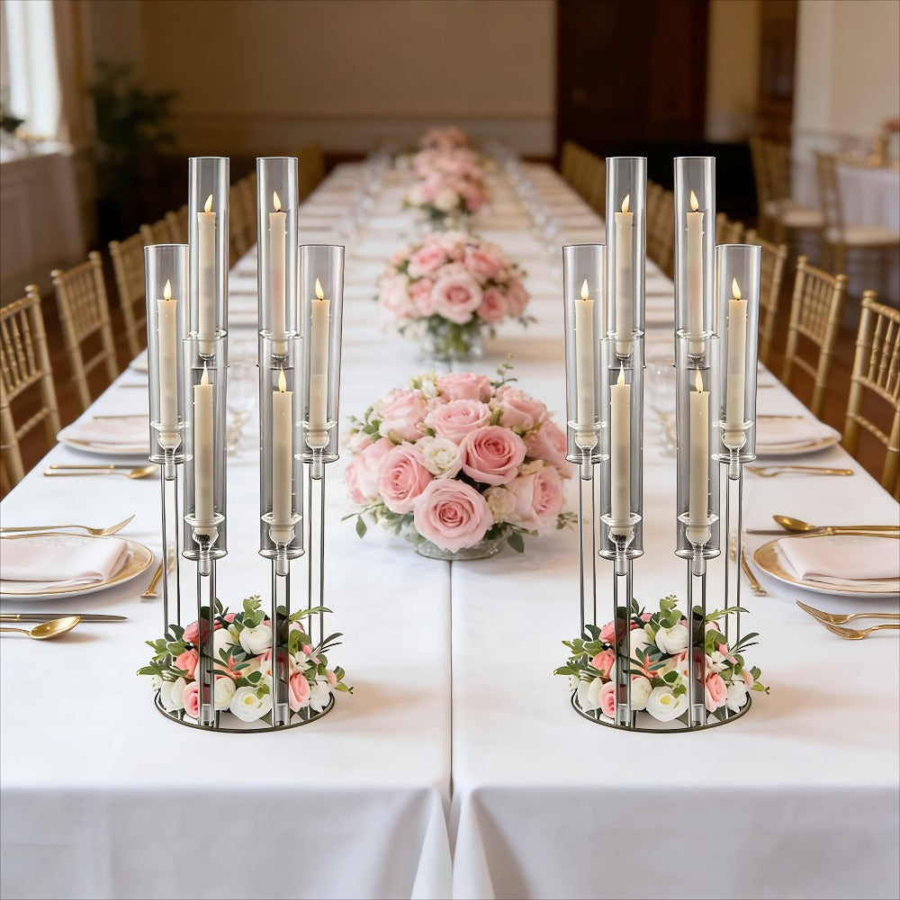 Clear Acrylic Six-Arm Candelabra with 68cm Height, 22cm Round Base and 2-, 4-, 10-, 12- or 20-Piece Options