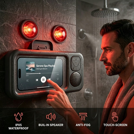 Shower Phone Holder with Bluetooth Speaker Built-In, 360-Degree Rotation Waterproof Mount, Universal Fit for All Phones, Hands-Free Music & Calls, Suction Cup Adheres to Any Surface – Bathroom Shower Caddy Accessory