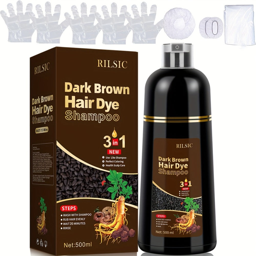 Grey Hair Dye Shampoo 3-in-1 Natural Plant-Based Herbal Formula — Non-Stick Scalp, Covers White Hair in Minutes, 500ml — Black, Dark Brown, Chestnut Brown for Men & Women