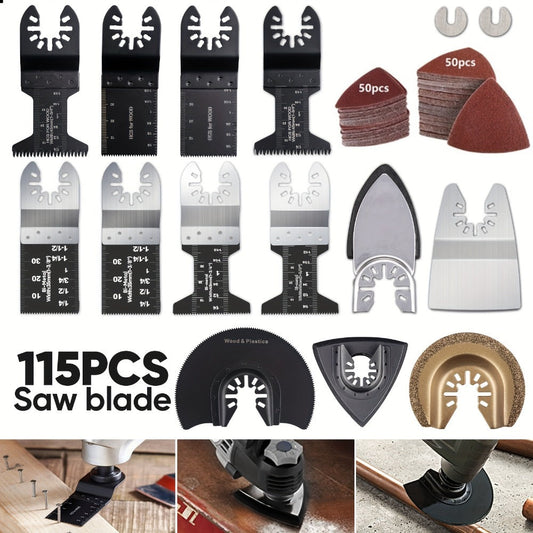115pcs Oscillating Saw Blades Set with Sandpaper – Multitool Blades for Wood Metal Plastic, Universal Fit for Major Brands, Complete DIY & Pro Cutting Kit