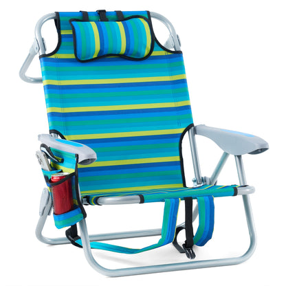 Folding Beach Chair Lay Flat Camping Chair for Adults 4 Position Adjustable Backpack Chair with Cup Holder Towel Bar Cooler Pouch Lightweight Portable Outdoor Lounge Chair