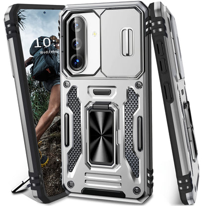 Samsung Galaxy Shockproof Magnetic Phone Case with 360° Rotating Ring Bracket & Sliding Lens Protector – Heavy Duty Cover for S24FE S23FE S22 S21FE Ultra A55 A54 A35 A34 A25 A24 A16 A15 A14 A06 A05 A05S 5G