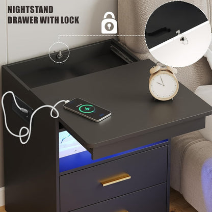 Nightstand Two-Drawer Bedside Table with Lockable Hidden Tray, Charging Station and 16-Color RGB Light