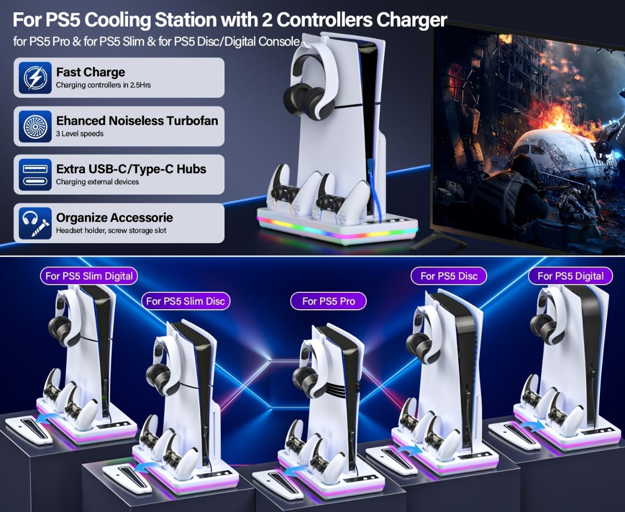 RGB Console Stand Compatible with PS5, Slim and Pro Models, Three-Speed Fan and Dual Controller Charging Dock