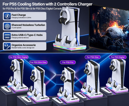 RGB Console Stand Compatible with PS5, Slim and Pro Models, Three-Speed Fan and Dual Controller Charging Dock