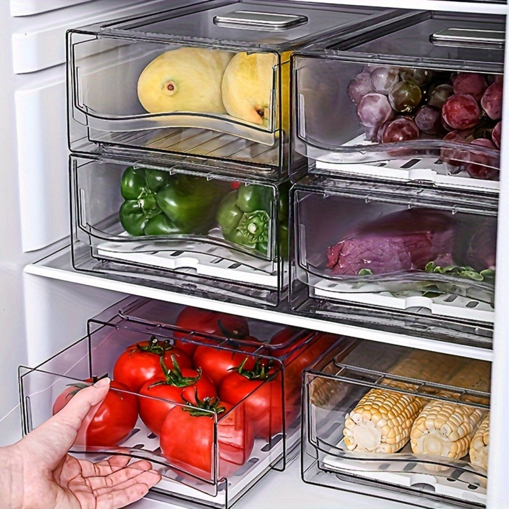 Stackable Fridge Organizer Bins with Drawer, Refrigerator Storage Containers with Drain Board & Ventilation