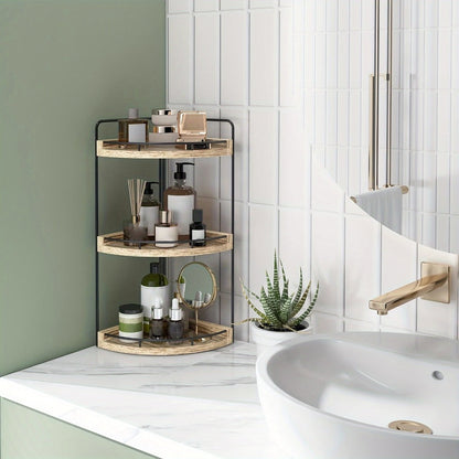 3-Layer Rustic Corner Countertop Storage Rack, 16.93" Wooden Vanity Organizer & Space-Saving Shelf for Bathroom
