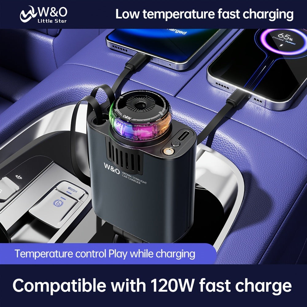 3-in-1 Car Charger, Air Freshener & Starry Sky Ceiling Light – Retractable Type-C & Lightning Cable, Aromatherapy Perfume, Purple Ambient Light, for iPhone & Android