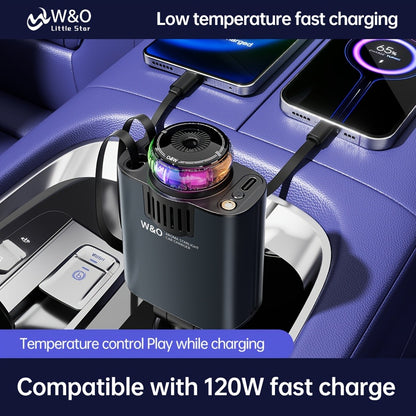 3-in-1 Car Charger, Air Freshener & Starry Sky Ceiling Light – Retractable Type-C & Lightning Cable, Aromatherapy Perfume, Purple Ambient Light, for iPhone & Android