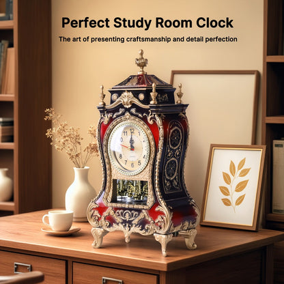 Ornate Brown-Red Tabletop Alarm Clock with Analog Dial, Decorative Pendulum Window and 14-Inch Height