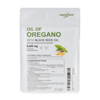 Oil of Oregano Softgels 300 Count 2-in-1 with Black Seed Oil, Ultra-High Carvacrol & Thymoquinone for Immune Support, Antioxidant Defence & Natural Antibiotic Alternative for Men & Women