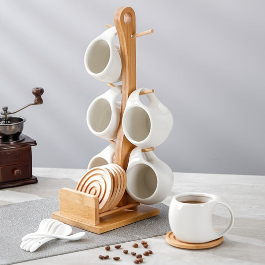Ceramic Coffee Cup Set of 6 with Wooden Coasters & Cup Holder, 200ml Latte Cappuccino Espresso Tea Mugs