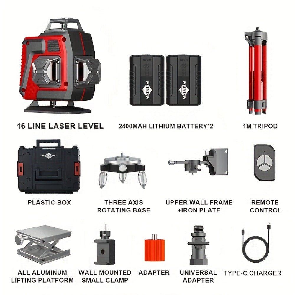 16-Line-Labeled Laser Level Packages in Five Red or Green Housing and Tripod Configurations