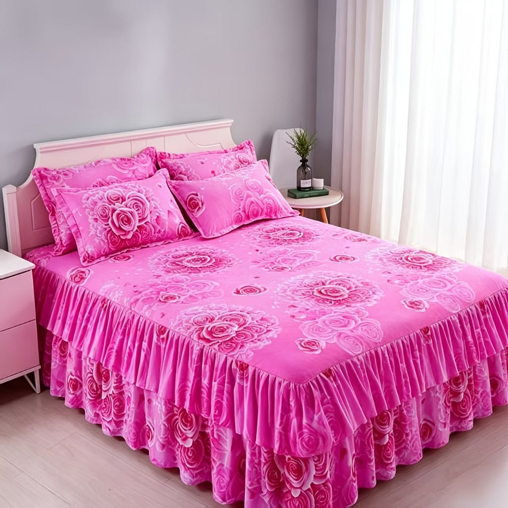 Three-Piece Floral Ruffle Bed Skirt Set with Two Pillowcases in Five Designs and Three Bed Sizes