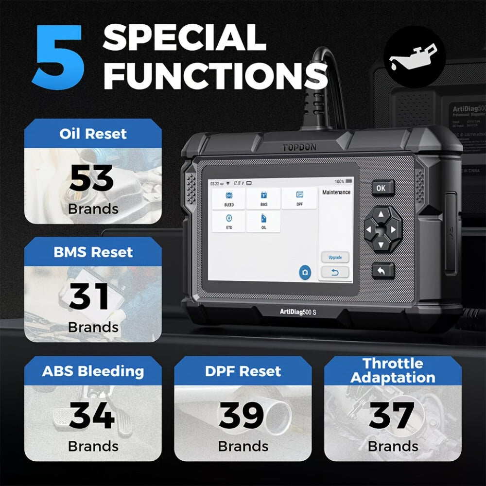 OBD2 Scanner with ABS SRS Engine Transmission Diagnostics 5 Reset Services Oil BMS DPF Throttle - TOPDON AD500S WiFi 5-Inch Touchscreen 90+ Car Brands