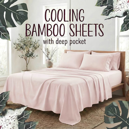 Bed Sheet Set 4-Piece Bamboo Fiber with Deep-Pocket Fitted Sheet, Four Sizes and Twelve Color Options