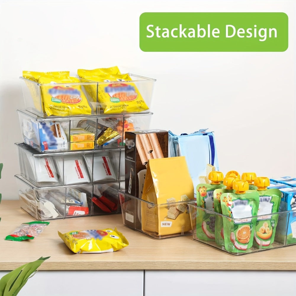 Six-Piece Clear Pantry Organizer Bin Set with Removable Dividers for Cabinets, Fridges and Shelves