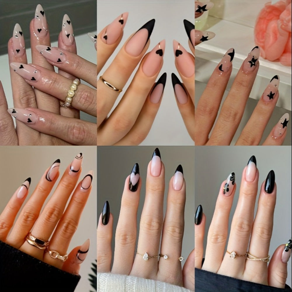 Press On Nails 144-Piece Short Almond Set with Pink Flowers, Rhinestones, Black French Tips and Glue