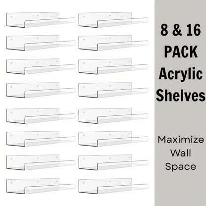 Clear Acrylic Wall Display Shelf Set in 15 x 4-Inch Size with 4, 8 or 16 Shelves and Mounting Hardware
