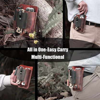 EDC Multitool Belt Holster with Clip, Loop and Pockets for Flashlight and Pen in Black or Brown
