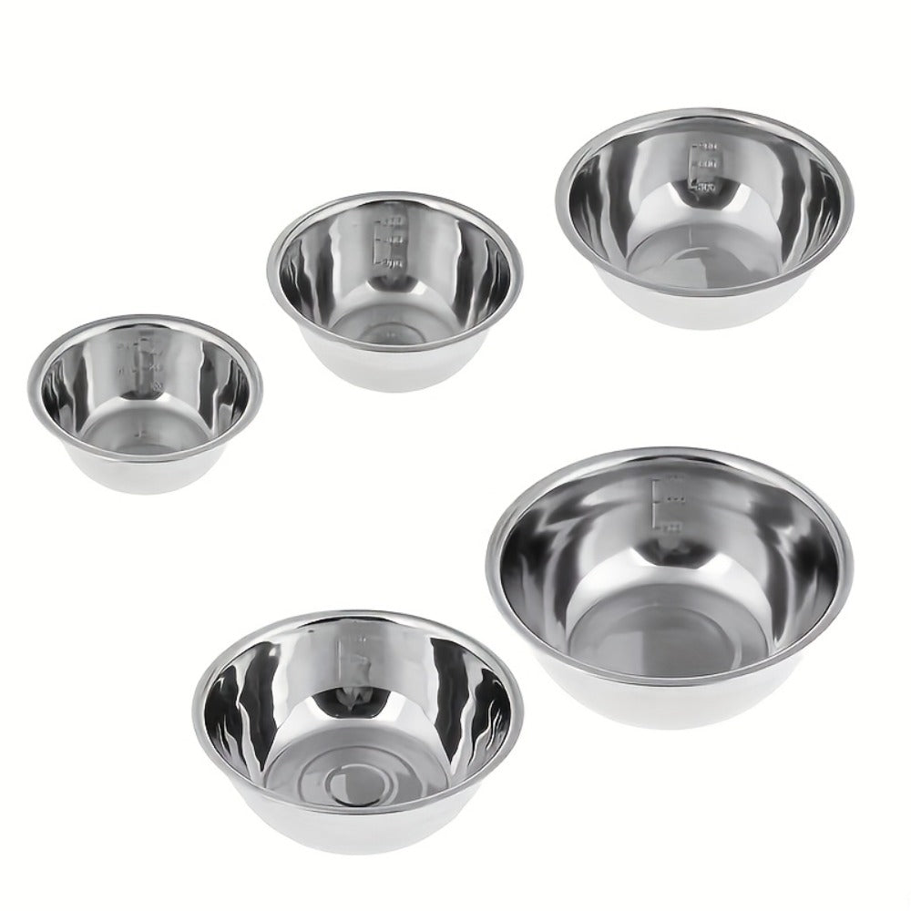 Stainless Steel Mixing Bowl Set 5-Pack with Measurement Markings for Kitchen Cooking Baking Salad Vegetable Washing Fruit Serving & Meal Prep – Stackable Nesting Bowls