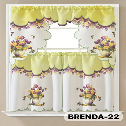 Three-Piece Patterned Kitchen Curtain Set with One Valance, Two Tiers and Forty-Six Exact Design Options