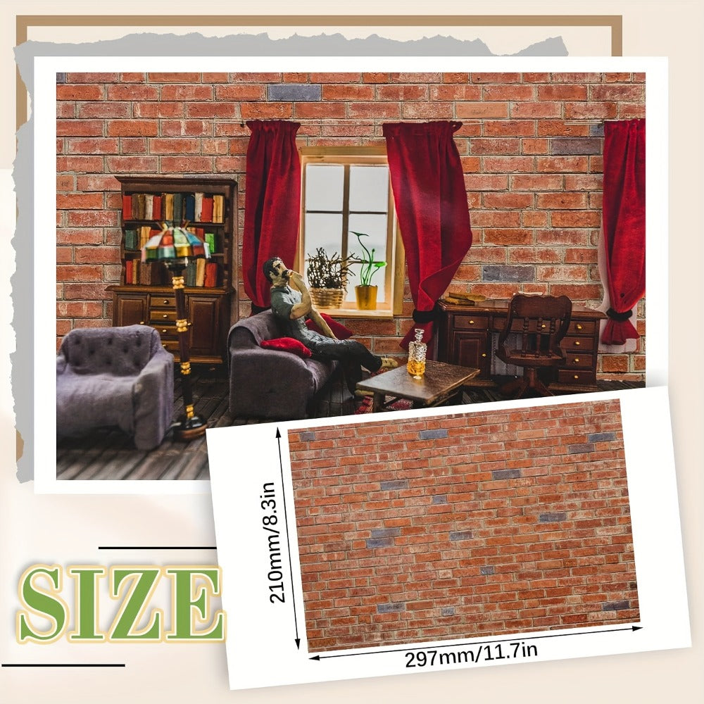 Red Brick Dollhouse Wallpaper and Flooring Set with 12 Peel-and-Stick Sheets for 1:12 Miniature Rooms