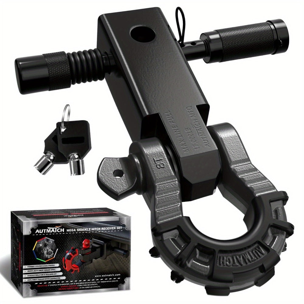 Shackle Hitch Receiver 2-Inch 68,000 lb Break Strength with 3/4" D-Ring & 5/8" Hitch Lock Pin – Heavy Duty Drop Forged Steel 8-Ton Vehicle Recovery Tow Hitch, Multi-Color