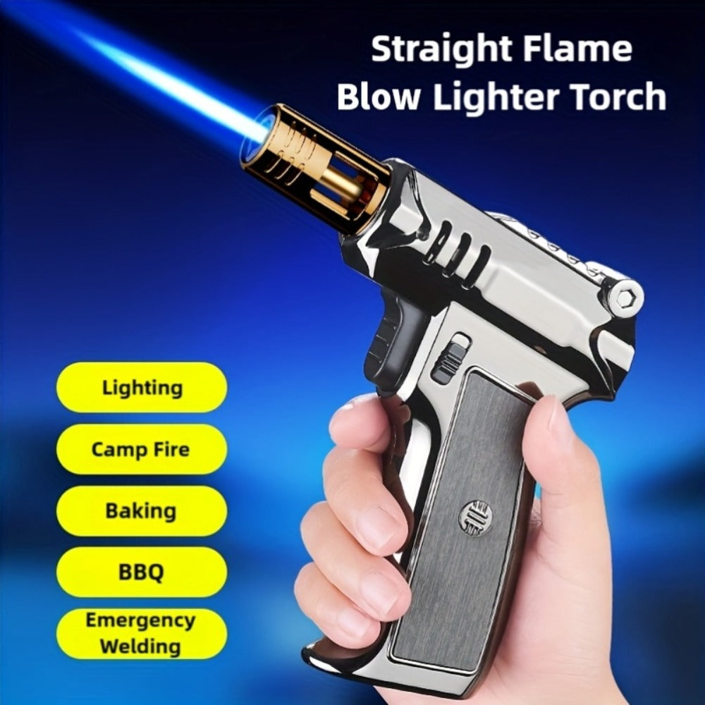 Pistol-Grip Refillable Butane Torch Lighter with Straight Flame in Black, Gold or Silver Finishes