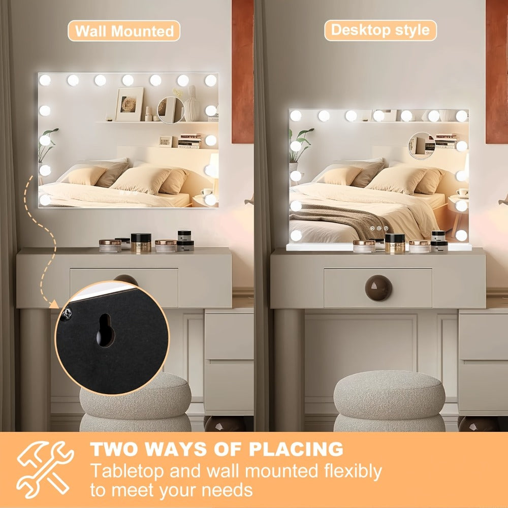 Hollywood Vanity Mirror with Lights – 15 LED Bulbs, 3 Color Modes, Dimmable Brightness, 23x18 Inch, USB & Type-C Charging, Touch Control, Desk & Wall Mount, Metal Frame Makeup Mirror
