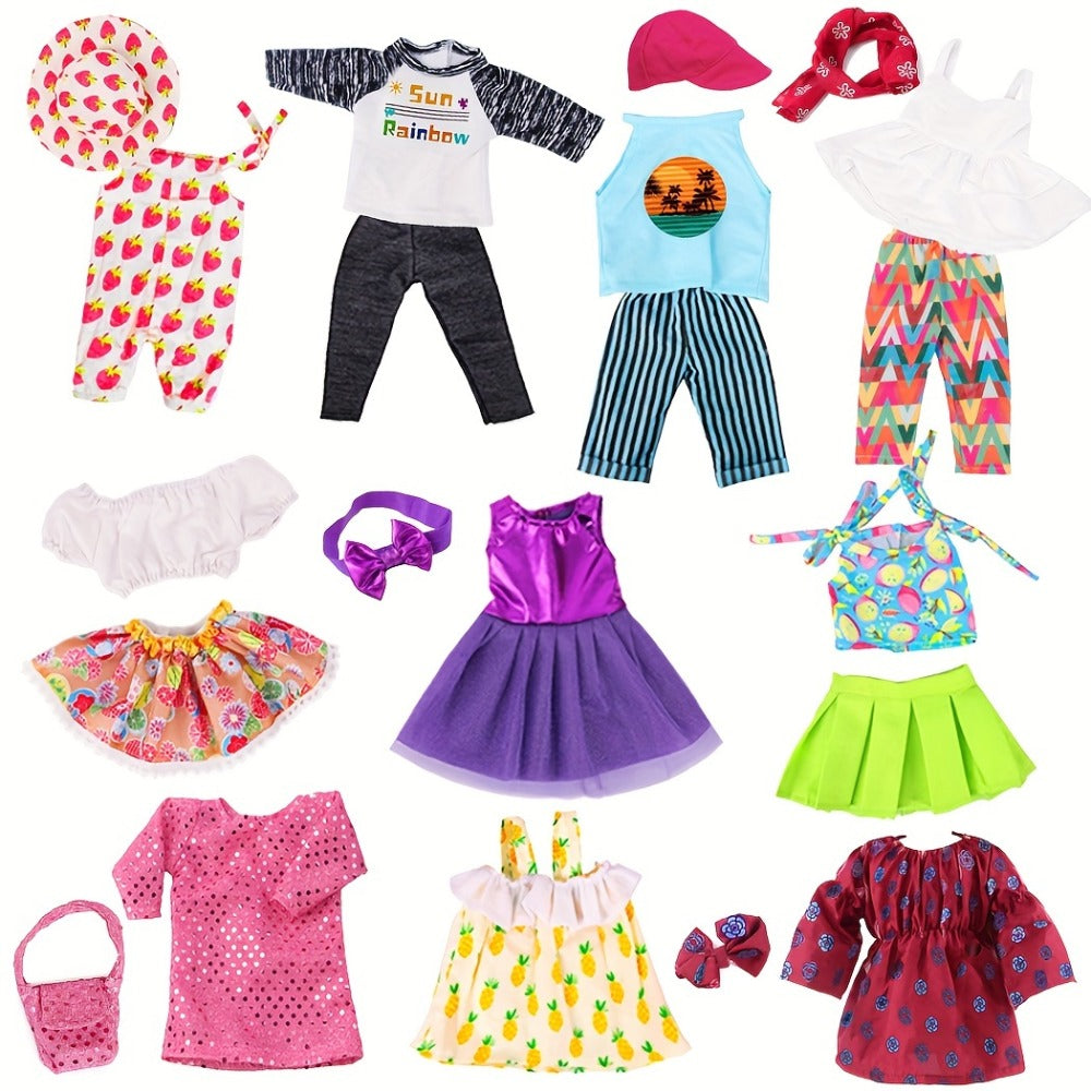 10-Outfit Doll Clothes Set for 18-Inch Dolls with Mixed Dresses, Tops, Pants, Skirts and Headwear