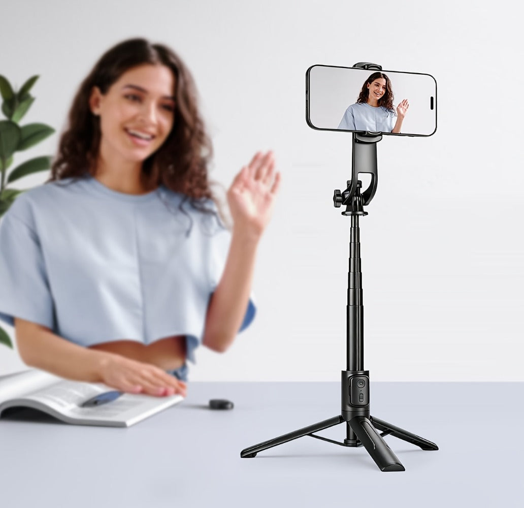 Black Selfie Stick Tripod with Telescoping Pole, Rotating Phone Clamp, Fold-Out Base and Remote