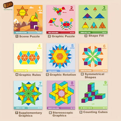Magnetic Wooden Puzzle Blocks 128 180 220 Piece Set, Geometric Figures Cognitive Learning STEM Toy for Kids