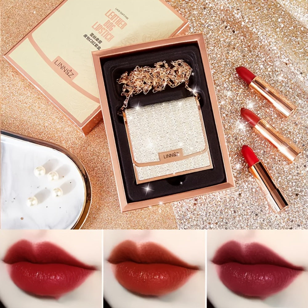 Matte Lipstick Gift Set 3pcs in Silvery Chain Bag Box — Velvet Finish Waterproof Long-Lasting Red Lip Color, Conditioning Formula 3.5g Each, Perfect for Valentine's Day Mother's Day Birthday Holiday