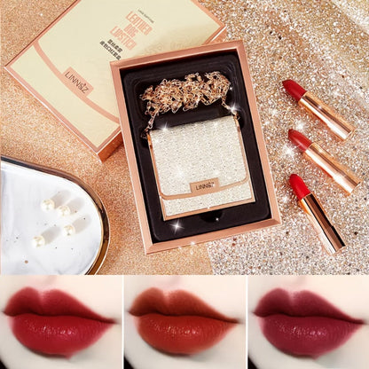 Matte Lipstick Gift Set 3pcs in Silvery Chain Bag Box — Velvet Finish Waterproof Long-Lasting Red Lip Color, Conditioning Formula 3.5g Each, Perfect for Valentine's Day Mother's Day Birthday Holiday