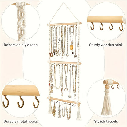 Jewelry Organizer Hand-Woven Wall Hanging Rack with Tassel Detail and 30 Hooks in 1- or 2-Piece Options