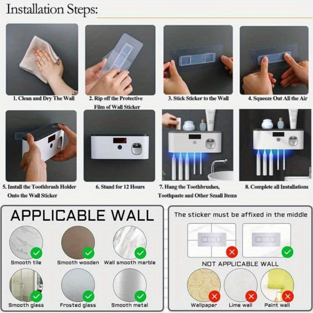 Five-Slot Gray Wall-Mounted Toothbrush Holder with Toothpaste Dispenser, Top Shelf and Display