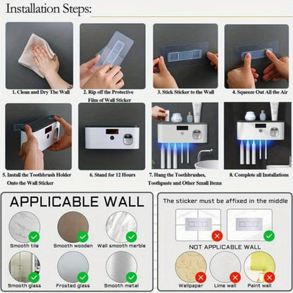 Five-Slot Gray Wall-Mounted Toothbrush Holder with Toothpaste Dispenser, Top Shelf and Display