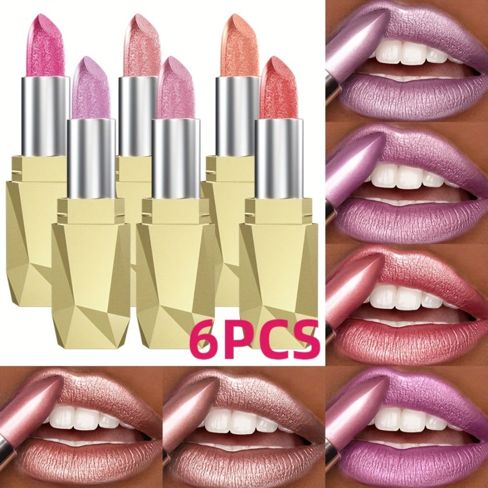 Shimmer Lipstick Set 6 Piece water-resistant extended-wear Glossy Lip Color Coral Pink Red Purple Shades Makeup Kit for Women Travel Party