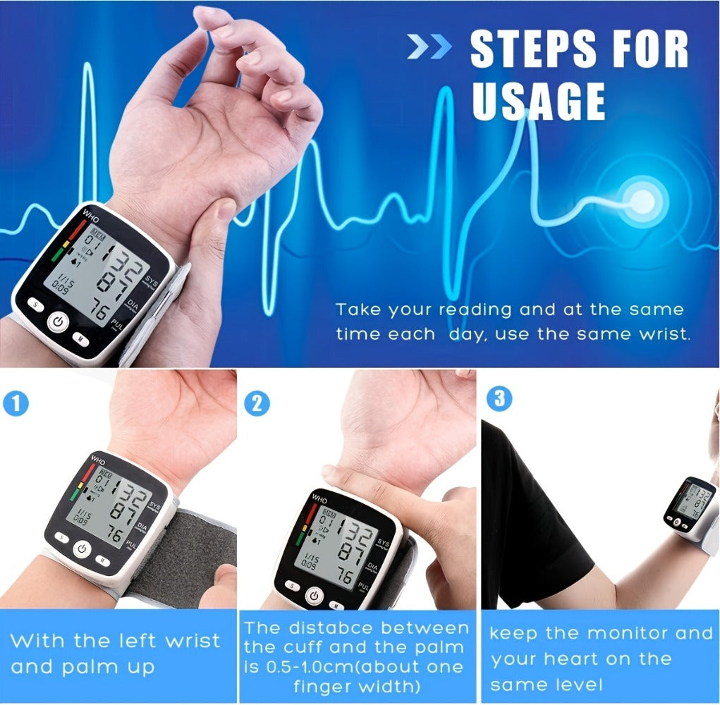 Blood Pressure Monitor Wrist Device with Rechargeable Power, Large LCD, Voice Readout and Two-User 198-Reading Memory