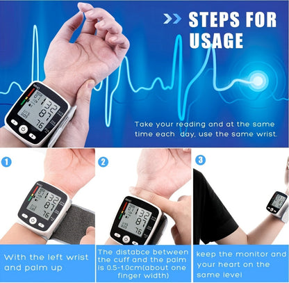 Blood Pressure Monitor Wrist Device with Rechargeable Power, Large LCD, Voice Readout and Two-User 198-Reading Memory