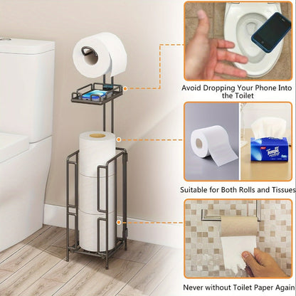Freestanding Toilet Paper Holder with Square Reserve-Roll Cage, Upper Shelf and Single or Two-Pack Options